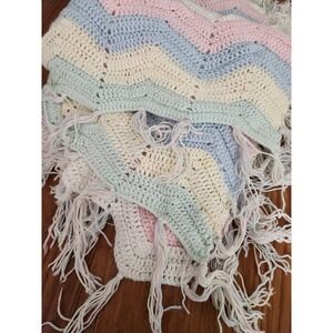 Hand Crochet Knitted Baby Blanket Throw Pastel Fringe 70x58 Nursery Toddler Teen